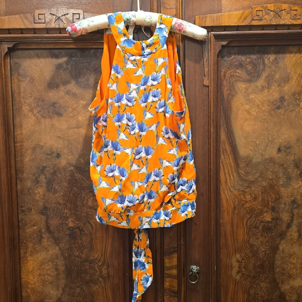 Parker Vibrant Orange Blouse with Blue Floral Pattern, S, NWT - Picture 4 of 5